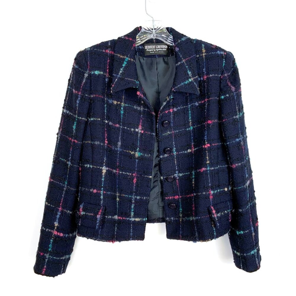 Vintage Herbert Grossman Black Plaid Rainbow Tweed Blazer Sz 8-6